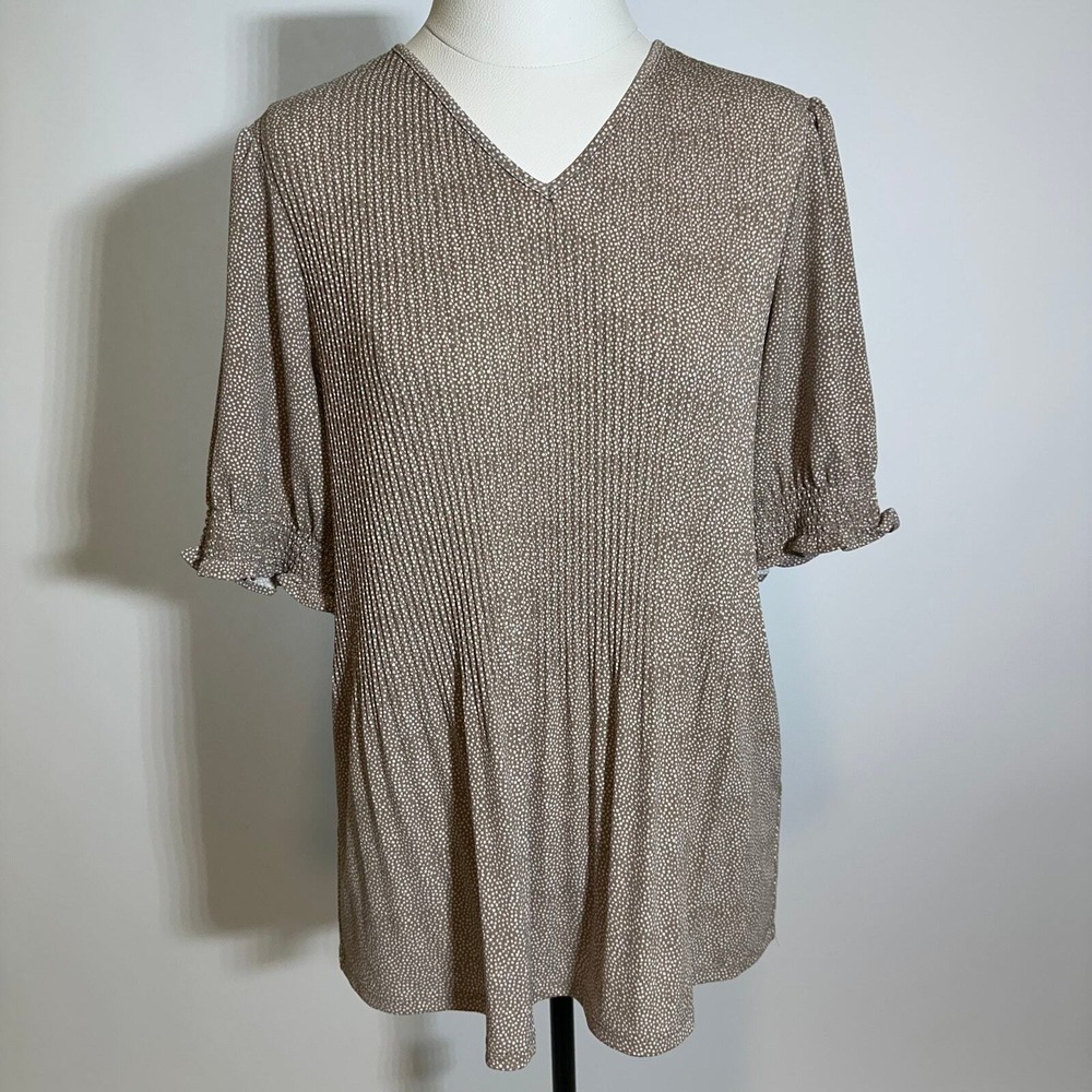 Adrianna Papell Tan White Polka Dot Pleated V-Neck Blouse Womens Size Medium M